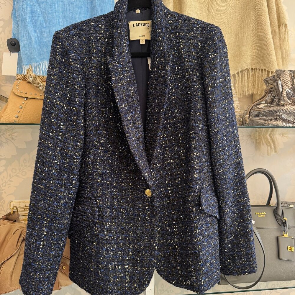 L'Agence Blue Tweed Sparkly Jacket - Size 12